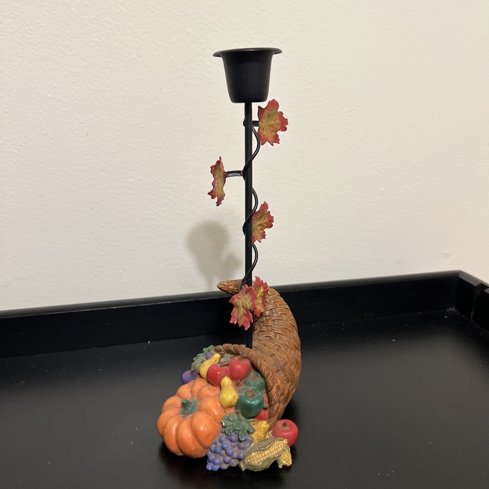 VTG Thanksgiving Cornucopia Maple Leaf  Pumpkin Taper Candle Holder Metal Resin